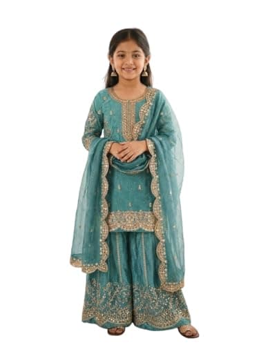 Cholista Kids Girls Sharara Suit Set with Dupatta – Eid Special Embroidered Salwar Kameez Ethnic Party Wear Dress. (rama, 12-15 years)