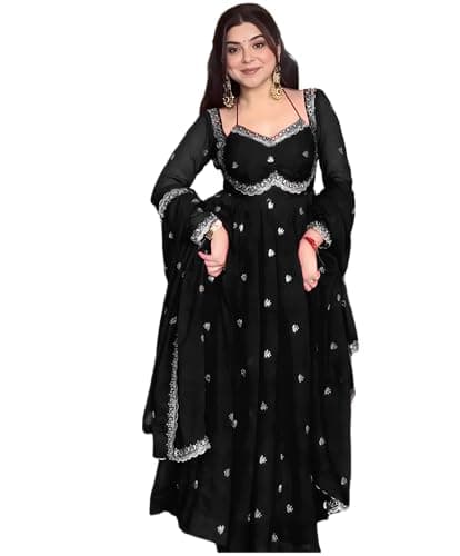 ONPEAK Women Traditional Embroidered Anarkali Suit Set Ethnic Festive Kurti Pant Dupatta Wear (US, Alpha, Medium, Regular, Regular, Black)