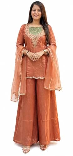 LEELICHI Women's Premium Roman Simmer Salwar Suit Set Kurta Sharara with Dupatta Kurta Palazzo Set Stitched Ready To Wear (XX-Large, Rust)