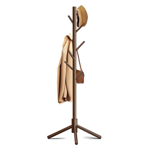 Azaeahom Coat Rack, Coat Racks Freestanding with 8 Hooks 3 Adjustable Heights for Clothes, Hats, Handbags, Coat Tree Easy Assembly for Entryway, Bedroom, Hallway, Office(Brown)