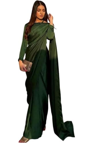 Swiss Couture Ready to Wear Satin Silk Saree with Un-stitch Blouse, Wedding Saree, Partywear 1 Minute Pre-Pleated Saree (Green, Waist 28 to 44)