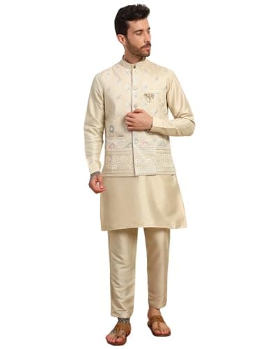Pro-Ethic Style Developer Mens Heavy Cotton Silk Sequence Kurta Trouser Set With Waistcoat (Nehru Jacket) (C-118) Gold Large