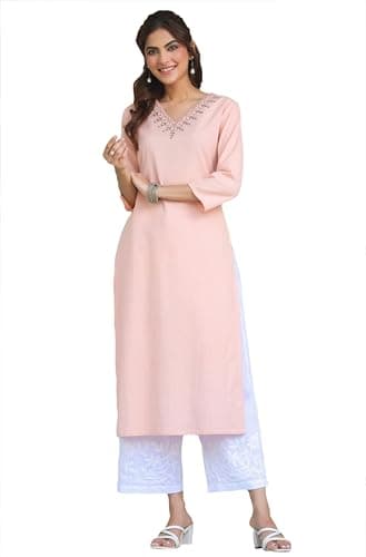 Janasya Indian Women's Cotton Peach Yoke Embroidered Casual Wear Kurta for Women
