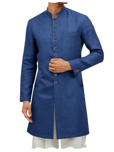 ONAXTDA Men's Summer Cotton Linen Kurta Sherwani Coats Kaftan Micro Elasticity Mandarin Collar Jacket Blue 4XL