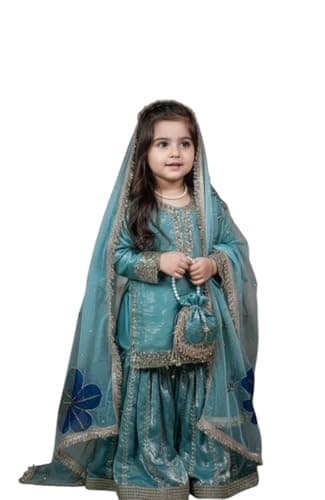 Cholista Girls Fendi Silk Regular Fit Ethnic Embroidery Sequence Work Full Sleeve Kurti With Matching Sharara Set (Rama, 6-7 Years)