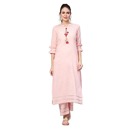 Idalia Womens Baby Pink Solid Straight Cotton Kurta Set With Palazzo Pant (S)