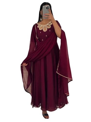 The Red Lion Enterprise Women's Partywear Anarkali Salwar Suit alia cut Embridery Kurti dress 3pc Set (US, Alpha, 3X-Large, Regular, Regular, WINE 1)