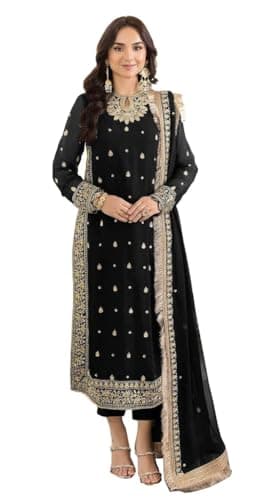 GRC Women's Straight Salwar Kameez Georgette with Embroidery Traditional Indian Pakistani Ready to Wear Dress (US, Alpha, Medium, Regular, Regular, Black)