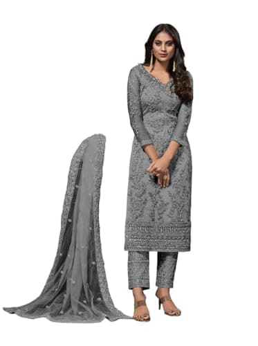 FABMIAMI New Wedding Partywear Embroidered Salwar Kameez Indian Dress Ready to Wear Salwar Suit For Women FM-18 (US, Numeric, 40, Regular, Regular, Grey)