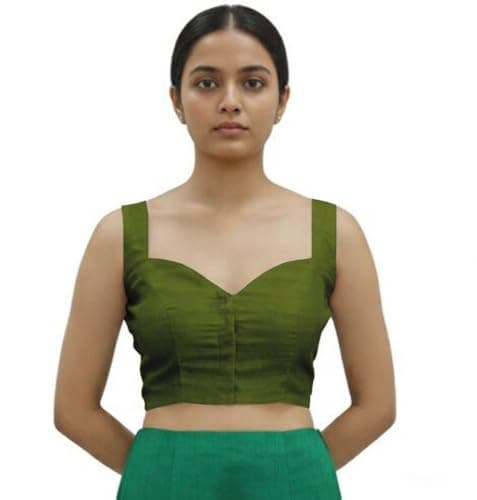 Women’s Dupion Sweetheart Neck Blouse Front Hook & Eye Indian Saree Blouse Top Sleeveless Ethnic Choli Padded Olive Green