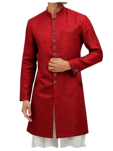 ONAXTDA Mens Stand Collar Linen Cotton Kurta Sherwani Coats Kaftan Spring Summer Micro Stretchy Long Outerwear Red XXS