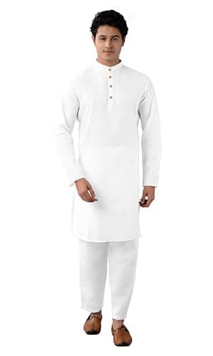 Chandrakala Men's Tunic Cotton Kurta Pajama Set Indian Casual Yoga Dress White,Medium (MK112WHI2)