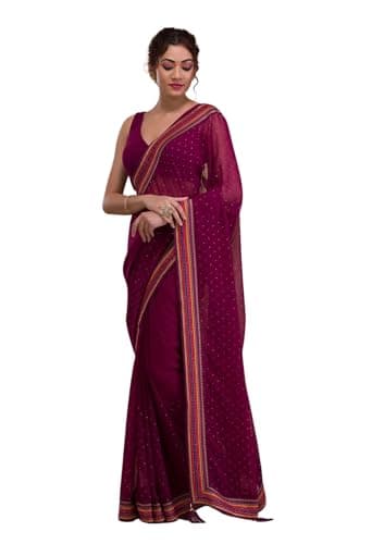 SWADESI STUFF Faux Georgette Saree with Banglory Silk Blouse & Crystal Fix Embellishments - Elegant Indian Ethnic Wear for Women (Wine)