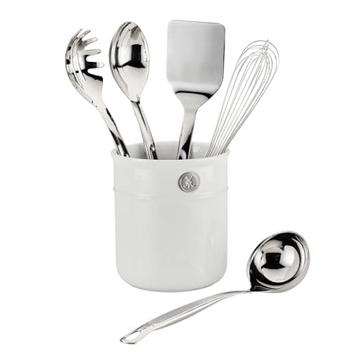 Hestan Provisions Chef's Tools, Deluxe Tool Set (6-Piece) with Porcelain Holder/Bain Marie & Stainless Steel: Solid Spoon, Ladle, Pasta Fork, Turner/Spatula, French Whisk