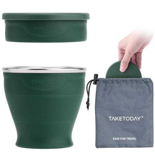 TakeToday Collapsible Travel Cup 8 oz - Silicone Foldable Water Cup, BPA-Free with Lid & Waterproof Bag - Drinking Cup Set for Camping, Outdoors & International Travel(Dark Green)