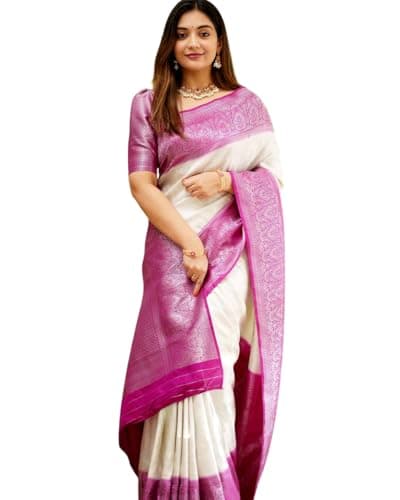 MAHEK Traditional White & Pink Border Banarasi kanjivaram Silk Sarees for Women's Wedding, Party Wear sari & Blouse Piece Kast (White & Pink)