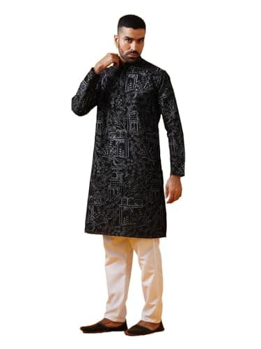 Sojanya (Since 1958 Men'S Cotton Silk Kantha Thread Embroidered Black Kurta With White Pyjama