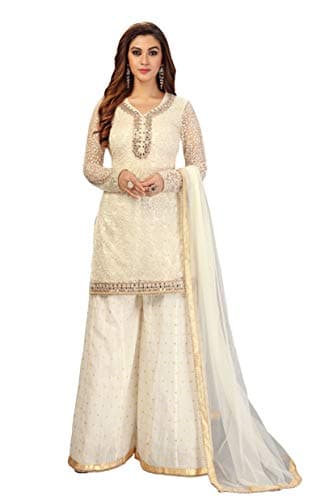 TRENDMALLS Women's Cotton Embroidery Salwar Suit Set Kurta Sharara with Dupatta (G63-Offwhite-6XL)