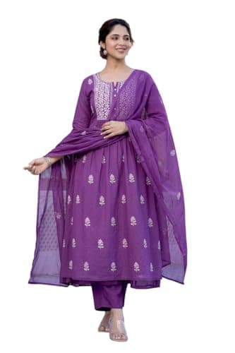 Svayi Women’s Slub Cotton Embroidery Anarkali Kurta Pant with Dupatta Salwar Suit Set (SU1022-LightPurple-L)