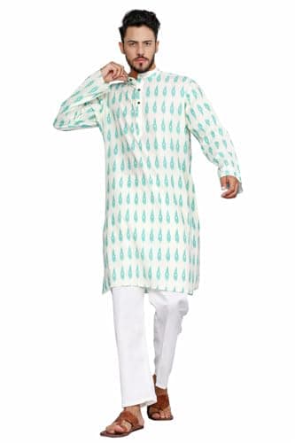 TOSQP27 Mens Pure Cotton Kurta Pajama Green Ethnic Gift Wedding Outfit Long Sleeve Knee-Length Block Printed