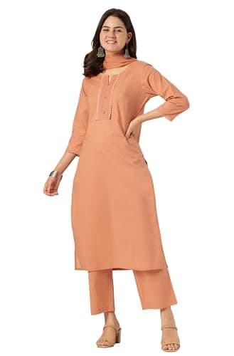 Janasya Indian Women's Cotton Rust Solid Casual Wear Kurta Set for Women