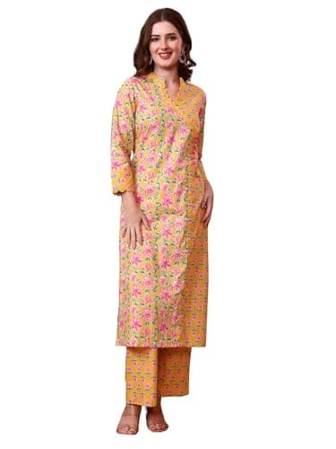 Tissu Women's Cotton Slub Yellow Floral Printed Kurta with Trouser Pant (784_Yellow_3XL)