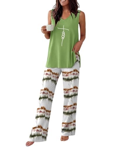 Ekouaer Womens Pajamas Set Sleeveless Lounge Sets Comfy Tank Top and Pants Pjs Set V Neck 2 Piece Sleepwear Tie-dye Green S