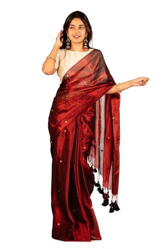SAREEN Women’s Maroon Raga Tissue Saree with Golden Buti Work & Tassel Pallu | Lightweight Cotton Tissue Festive Saree with Blouse Piece | Elegant Traditional Party Wear Saree