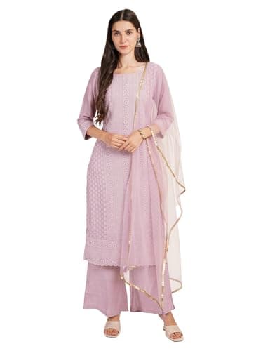 Shopping Queen Women's Silk Blend Chikankari Embroidery Kurta set with Dupatta (A551_Purple_2XL)