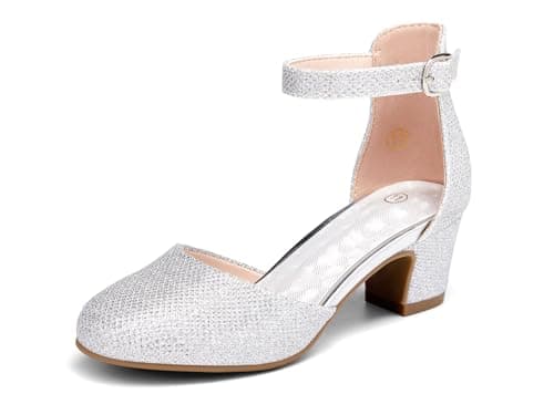 Haloumoning Girls Dress Shoes Chunky Low Heels Closed Toe Ankle Strap Pumps Wedding Party Princess Shoes, Silver, Size 5