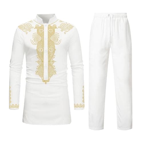 HEFASDM Men's African Dashiki 2 Piece Suit Traditional Long Sleeve Kurta and Pants Outfits Set White S