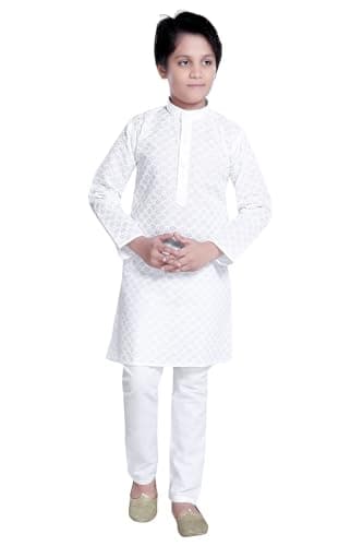 BABA AND BABY boys ethnic wear cotton chikankari white kurta pajama set (White Chikan, 11-12 Years)