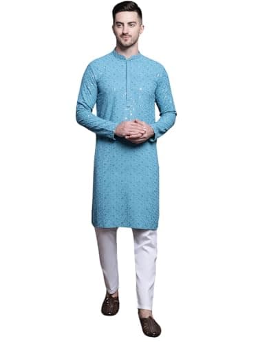 Pro-Ethic Style Developer Mens Indian Traditional Cotton Kurta Sets, Men Kurta Set Indian Wedding Dress (A-117) Firozi