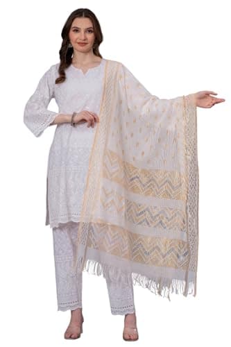 LONIX Women's White Chikankari Kurta Set – Hand Embroidered Cotton Kurti Pant & Dupatta – Elegant Indian Tunic Dress for Summer Weddings Festivals & Daily Wear- Large