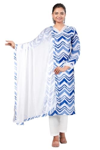 Chandrakala Printed Kurta Pant Set for Women With Dupatta Blue White,Large (K242BLU3)