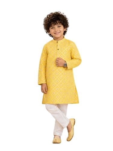 Superminis Baby Boys Silver Foil Printed Cotton Kurta, Round Collar, Full Sleeves With White Pyjama (Yellow, 7-8 Years)