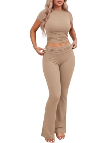 2-Pc Ekouaer Women's Pajama Set w/ Short Sleeve Crop Top & Foldover Flare Pants $11