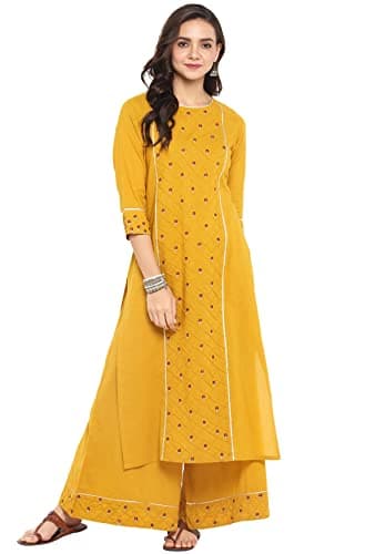 Janasya Indian Women's Cotton Mustard Embroidered Casual Wear Kurta Set for Women