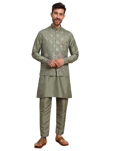 Pro-Ethic Style Developer Mens Heavy Cotton Silk Sequence Kurta Trouser Set With Waistcoat (Nehru Jacket) (C-118) Green Large