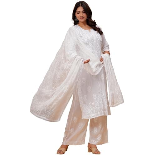 TAGAAI Women’s White Chikankari Kurta Pant Dupatta Set Cotton Embroidered Ethnic Suit Set with Floral Embroidery (US, Alpha, Large, Regular, Regular)