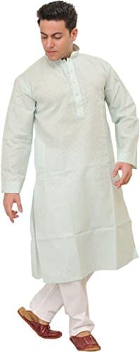 Exotic India Khadi Kurta Pajam - Color Clearly Aqua Size 44