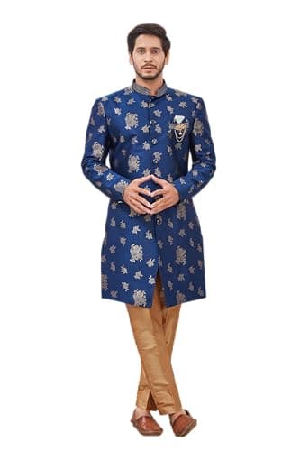 Shreyanvi Indian Designer Wedding Festive Wear Jacquard Fabric Indo-Western Sherwani Pajama Set For Men