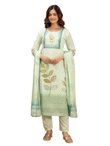 TRENDMALLS Women's Pure Cotton Chikankari Embroidery Work Printed Kurta Pant with Dupatta Set (G418-LightGreen-M)