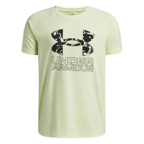 Under Armour Boys' Tech Hybrid Print Short Sleeve T Shirt, (391) Fade Green / / Black, Medium