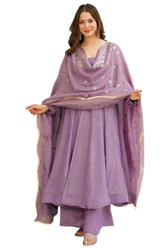 The Red Lion Enterprise Women’s Flared Anarkali Suit with Dupatta Chinon Indian Ethnic Wear for Weddings Festivals Parties (US, Alpha, XX-Large, Regular, Regular, ONION)