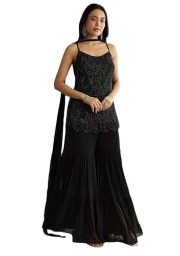 Indya Black Embroidered Georgette Sharara Set for Cocktail | Spaghetti Strap | Sweetheart Neck | Indian Ethnic Wear