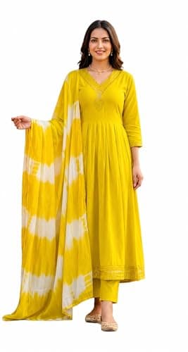 Women’s Anarkali Kurta Set with Dupatta | Embroidered Ethnic Gown Style Kurti with Pant for Festive & Party Wear (US, Alpha, XX-Large, Regular, Regular, Yellow)