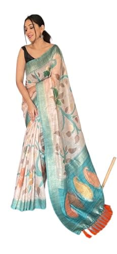 Rang Priya Pure Chanderi Banarasi Silk Saree with 3D digital Print and unstitched blouse (Powder Blue)