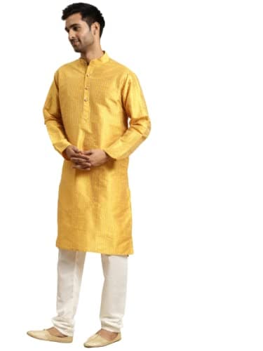Sojanya (Since 1958 Men'S Silk Blend Mustard Striped Kurta & Off White Churidaar Pyjama Set, Size 40