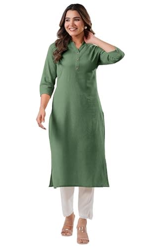 Janasya Indian Women's Cotton Green Solid Casual Wear Kurta for Women
